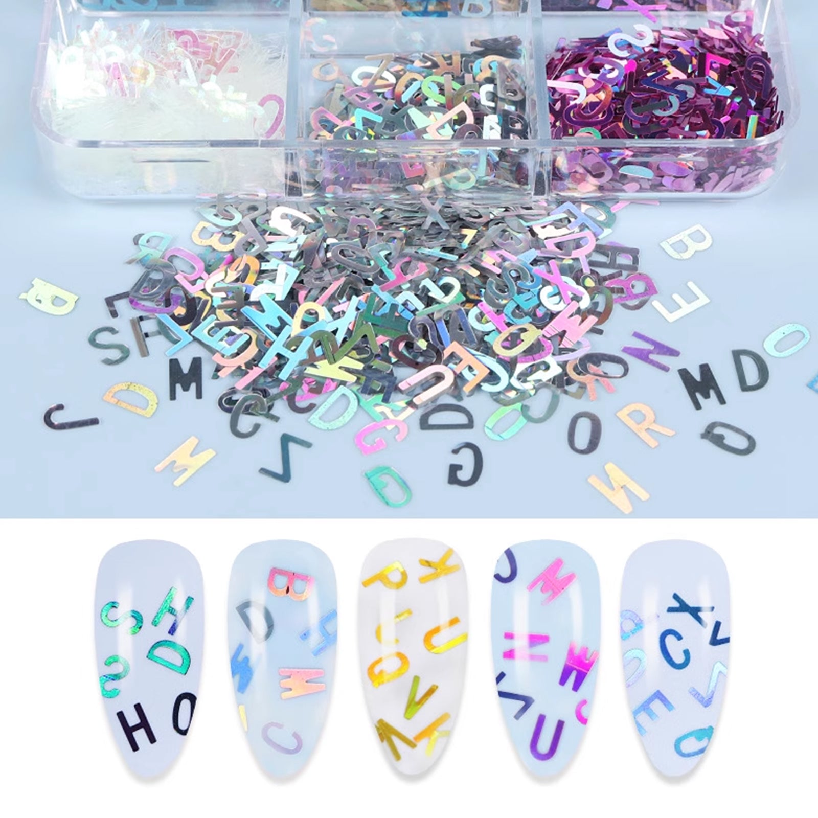 6 Grids Holographic Nail Sequins - Letters