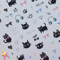 Chrome Nail Sticker - Music Black Cat (Holo）