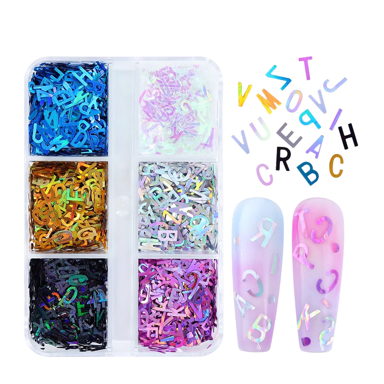 6 Grids Holographic Nail Sequins - Letters