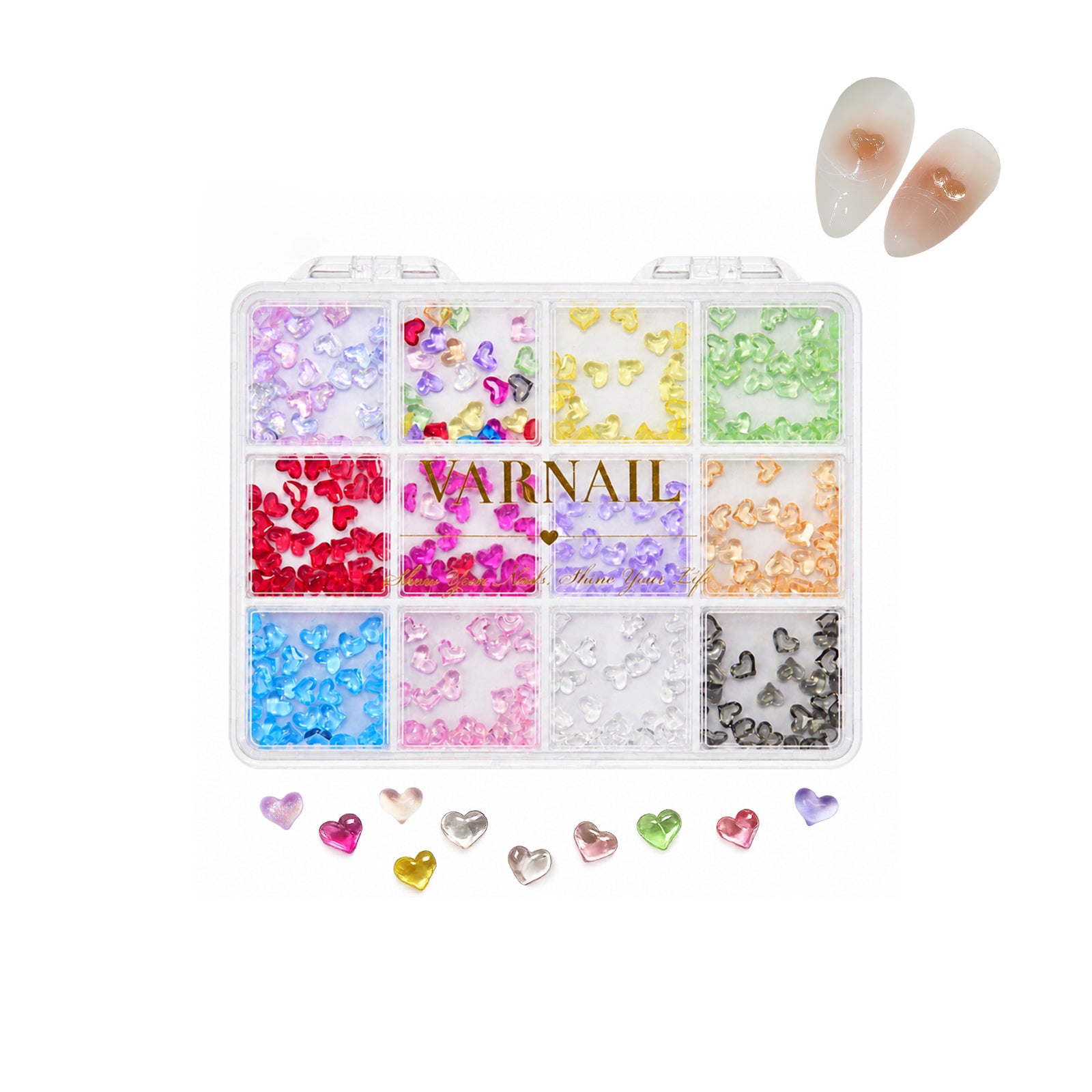 Heart Nail Charms with 12 Grids Storage Box