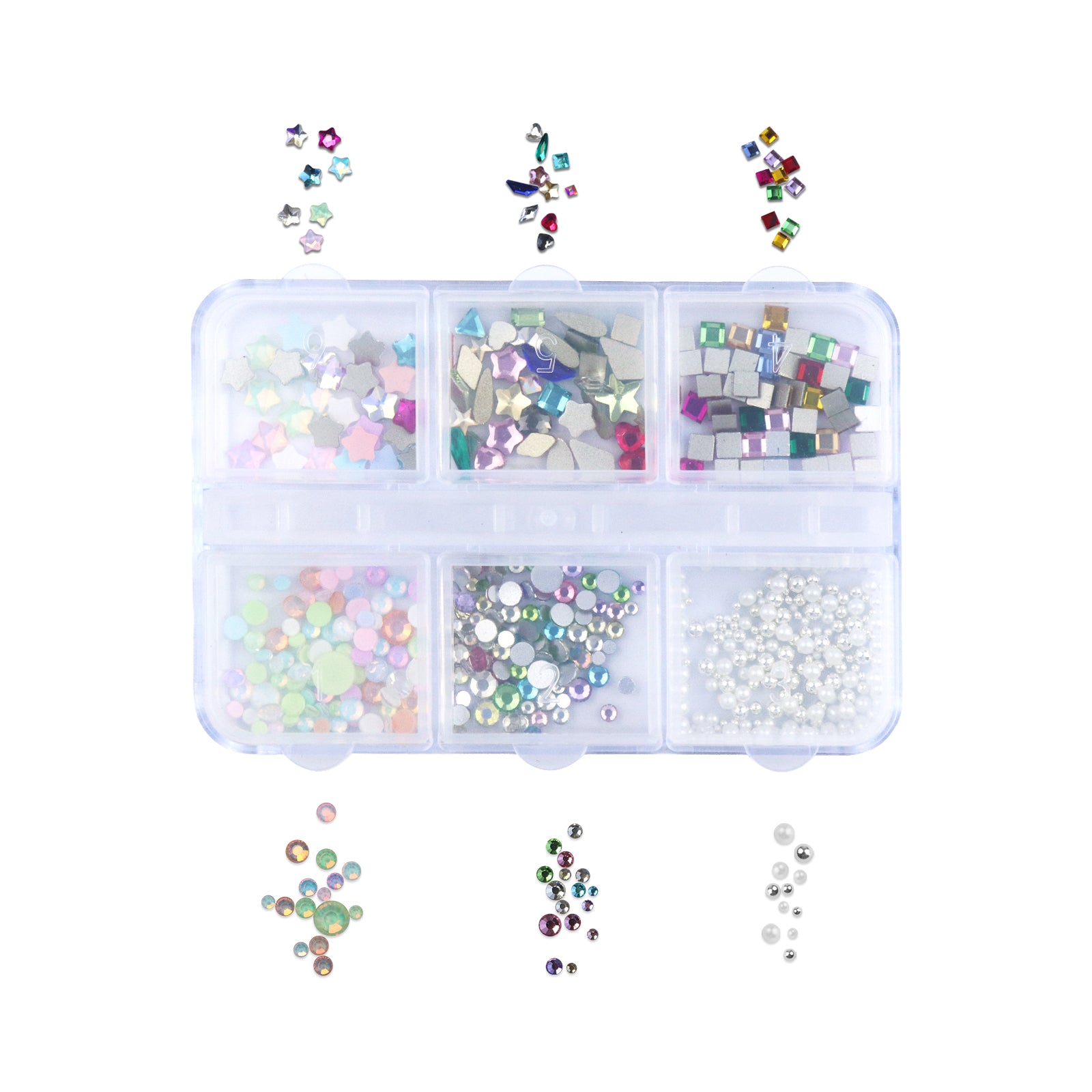 6-Grid Mixed Nail Art Rhinestones & Round Pearl Decor