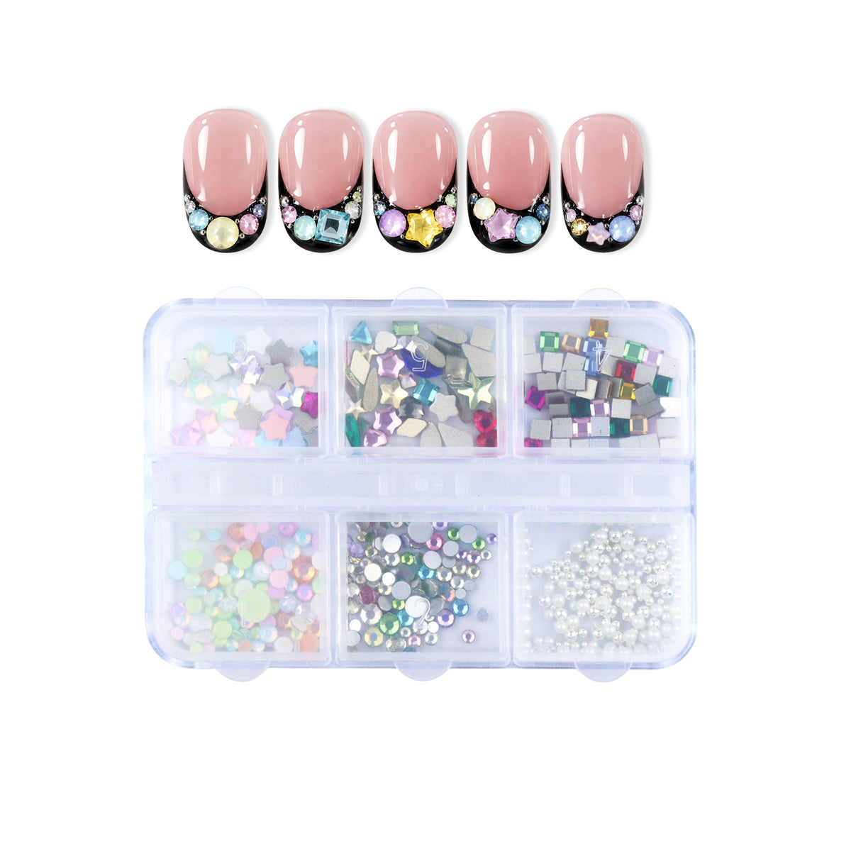 6-Grid Mixed Nail Art Rhinestones & Round Pearl Decor