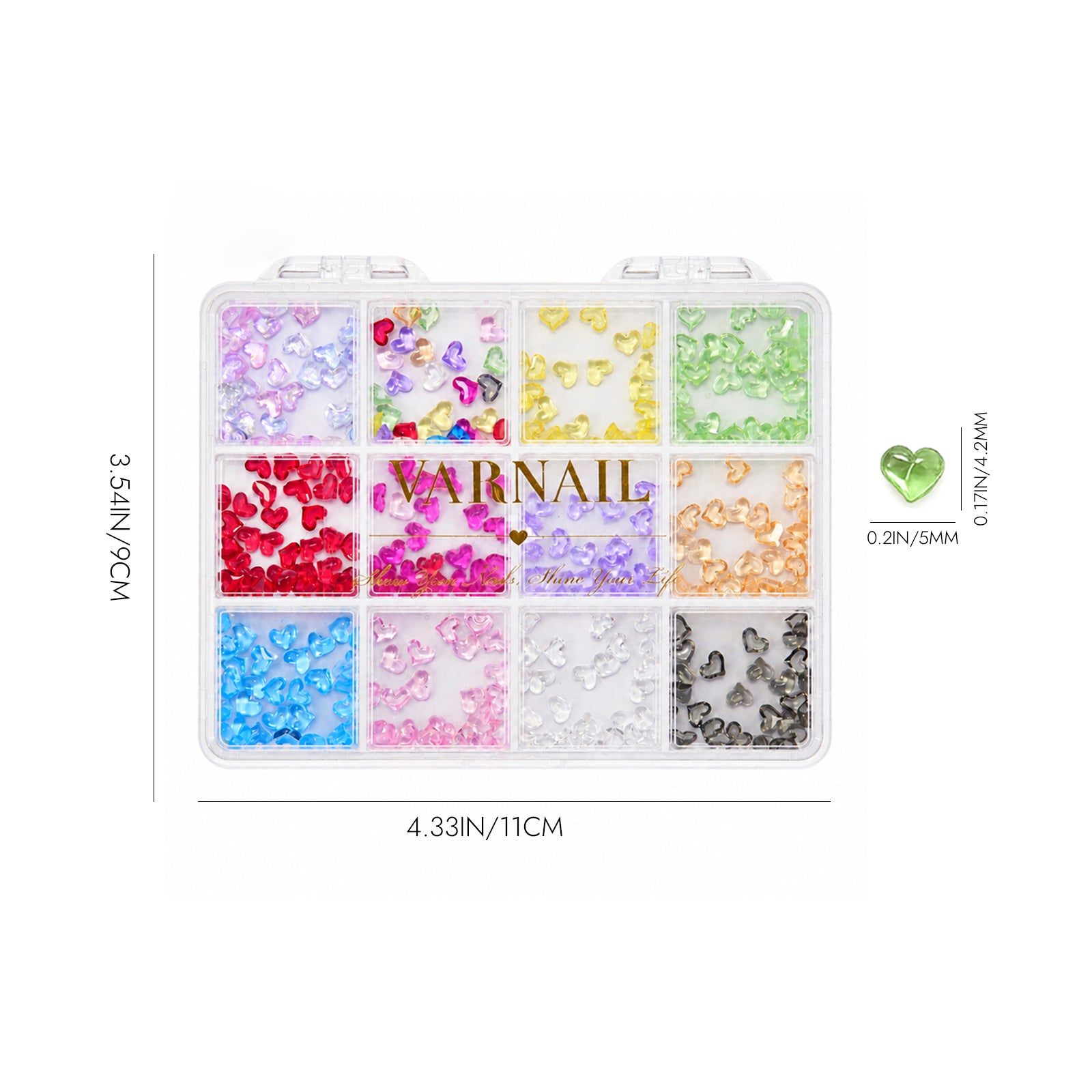 Heart Nail Charms with 12 Grids Storage Box